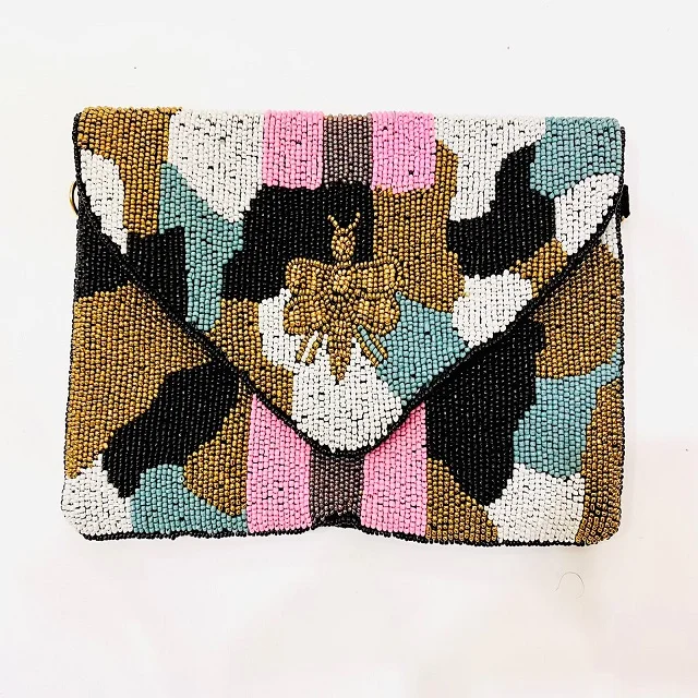 Antique Gretta Gray Camo Beaded Cross Body Chained Clutch Indian Handcrafted Camouflage Print Crystal Beaded Sling Clutch