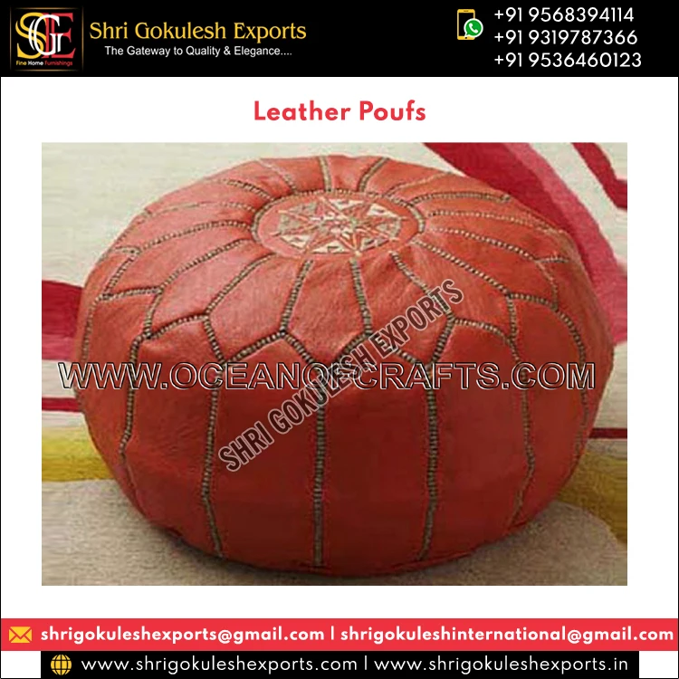 Top Listed Indian Manufacturer Widely Selling 100% Handmade Handwoven Round Leather Poufs for Office and Home Decorations
