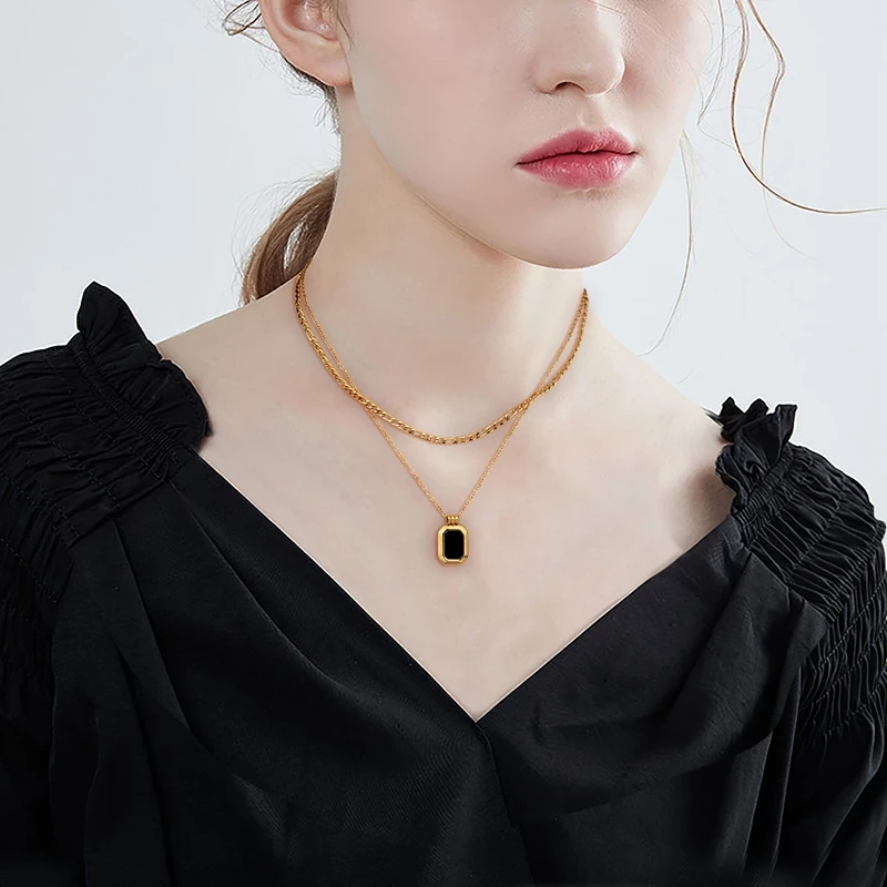 Square Black Pendant Necklaces Stainless Steel Stacked Layered Thick Cuban Necklace For Women