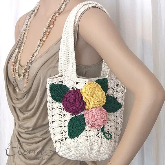 Fancy Hot Style Handmade Floral Knitting Crochet Yarn Net White Daisy Flower Pattern Tote Handbag Shoulder Beach Bag