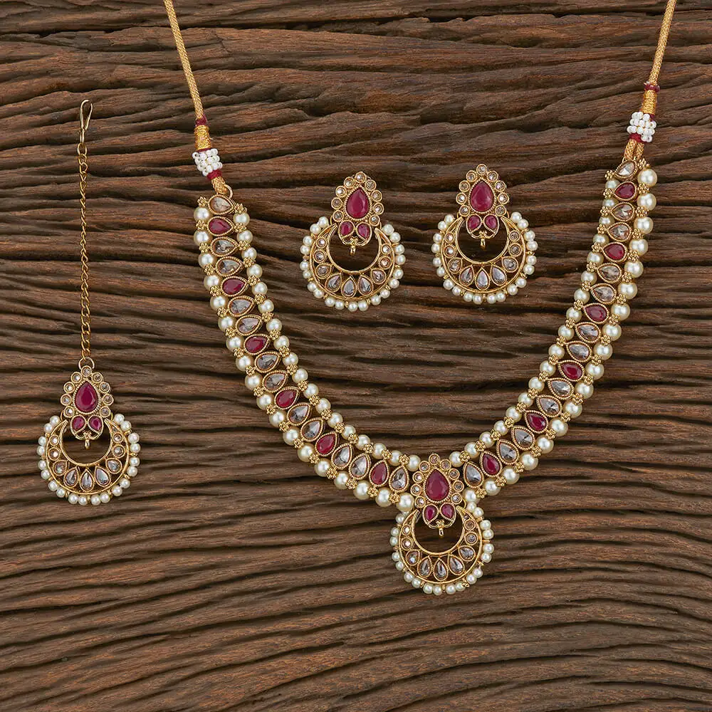 Antique Reverse Ad Stone Moti Necklace Set With Mehndi Plating 217298 Dealing in Large Scale