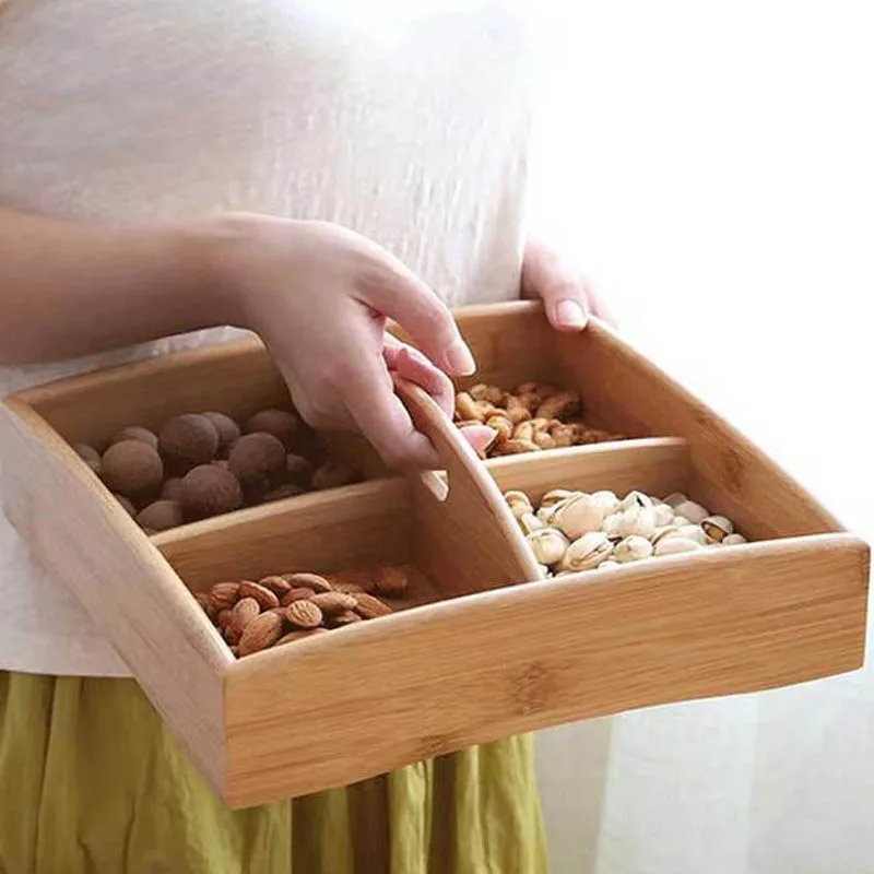 Solid Wood Four Gong Lattice Dried Fruit Snack Tray Portable Bamboo Fruit Tray Candy Nut Storage Box