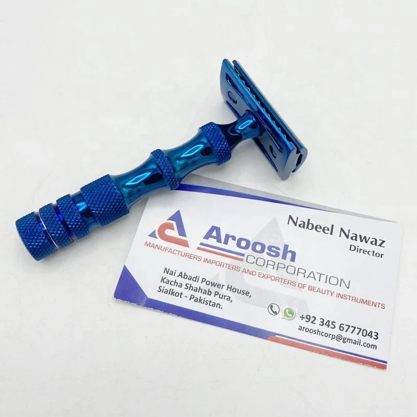 Plasma Blue Titanium Stainless Steel 3 Piece Double Edge Safety Razor For Men Shaving Kit