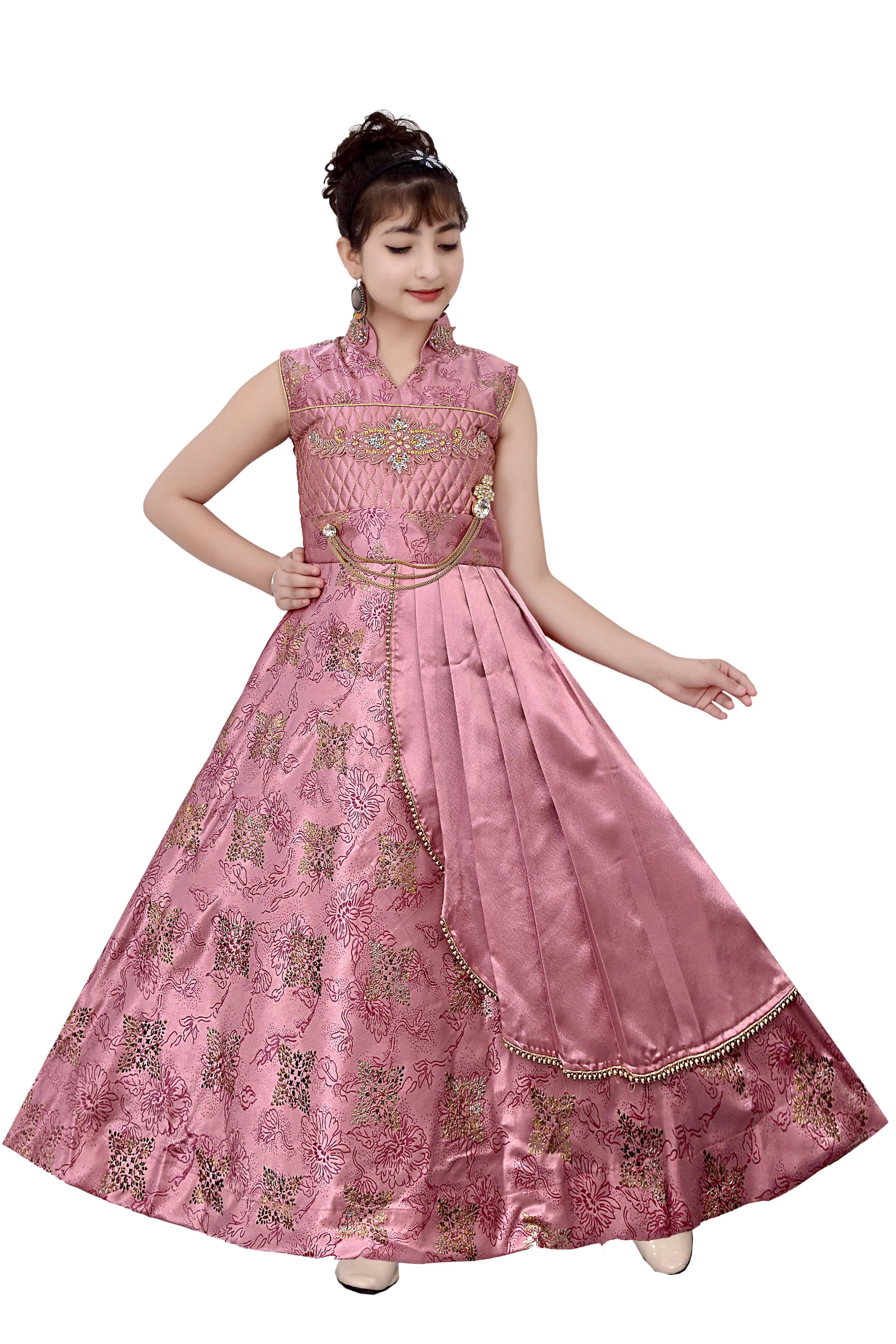 Best Quality Most India Trending Silk Satin Floral Print Design Long Maxi Gown Dress For Girls  4 - 11 Years In Stock Item