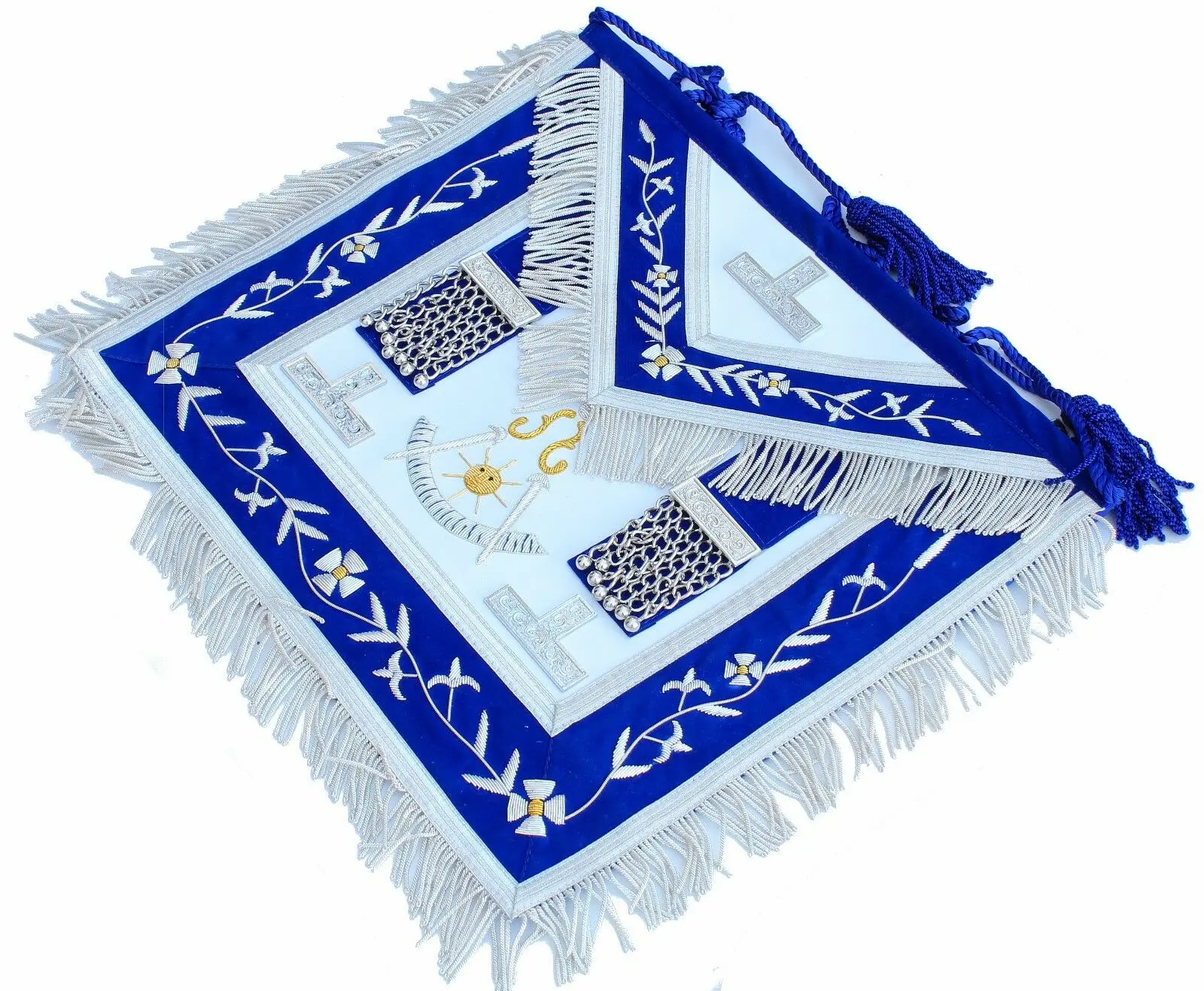 Masonic Grand Past MAster Apron hand embroidered with silver bullion and white Rexene Silver fringe around the apron