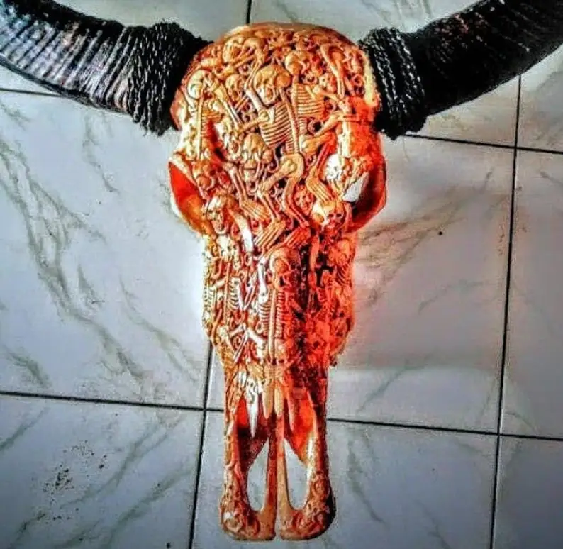 Modern Artisanal Buffalo Bull & Ram Skull  Hand Carved with Majestic Horns for Timeless Wall or Stand Display
