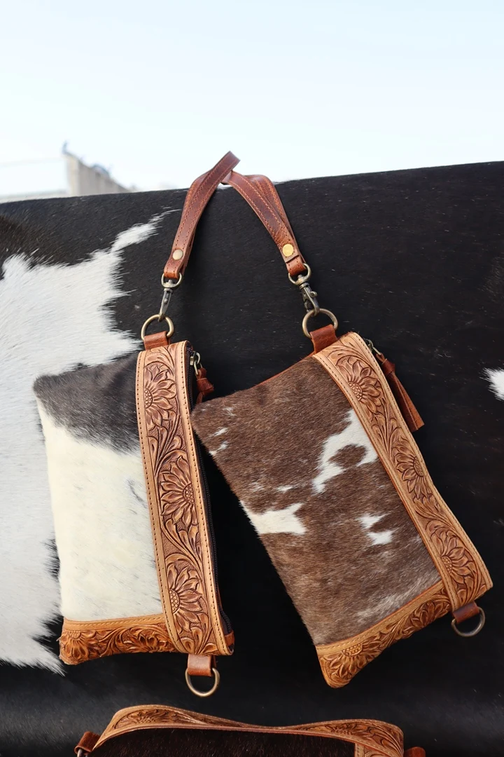 Western Tooled Leather Hair On Purse Women Clutches Genuine Leather Wallet With Hand Carved Design Manufacturer And Wholesaler