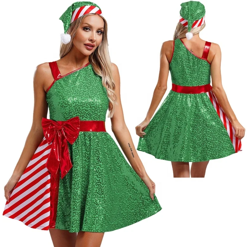 Women Christmas Costume Santa Claus Costume Sleeveless Dress With Santa Hat Set Xmas Party Costumes Christmas Dresses