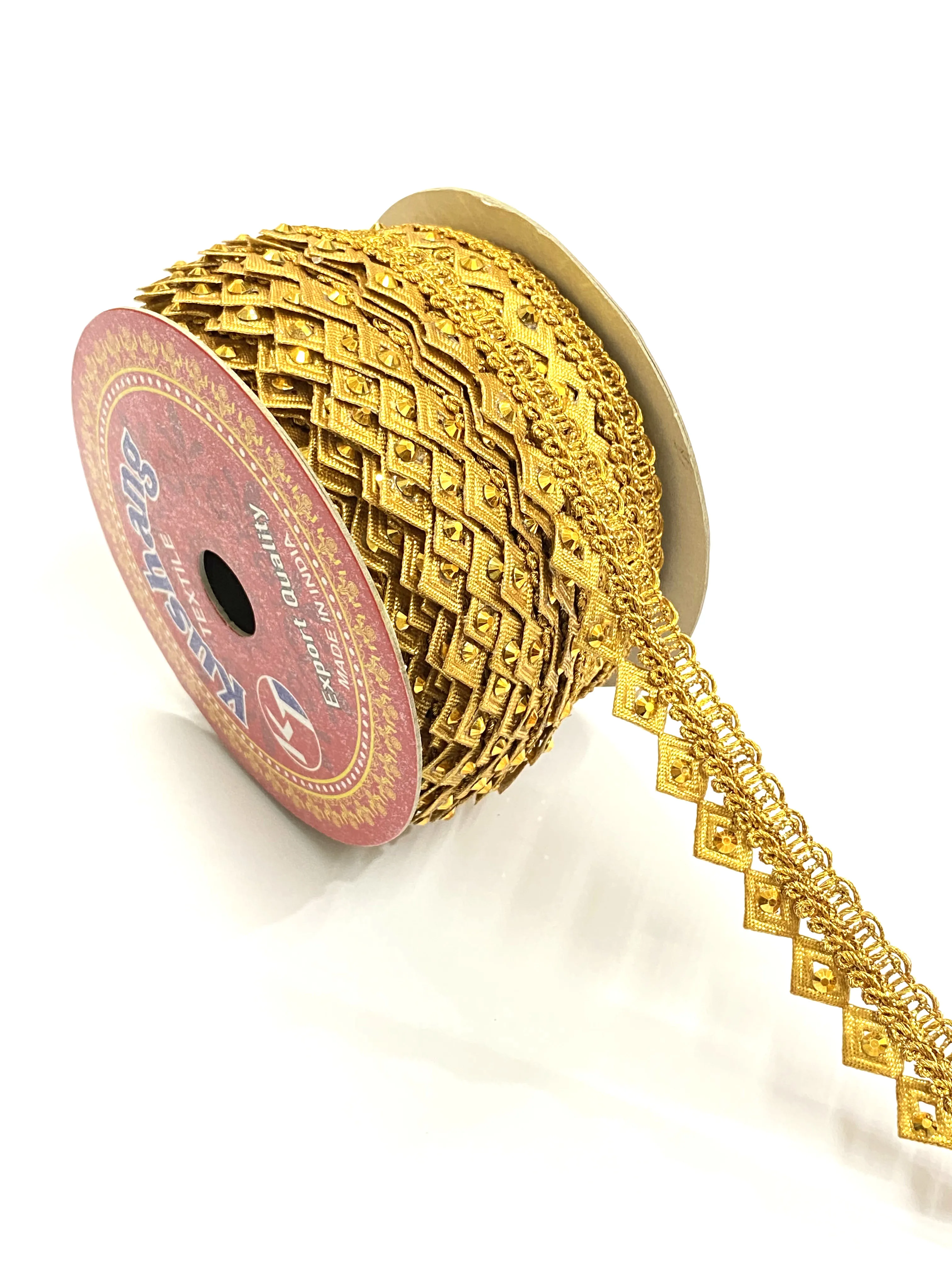 Ethnic Indian Stone Golden Fabric Lace Trim Border Craft Sewing Accessory Clothing Fabric Ribbon Fringes Braided