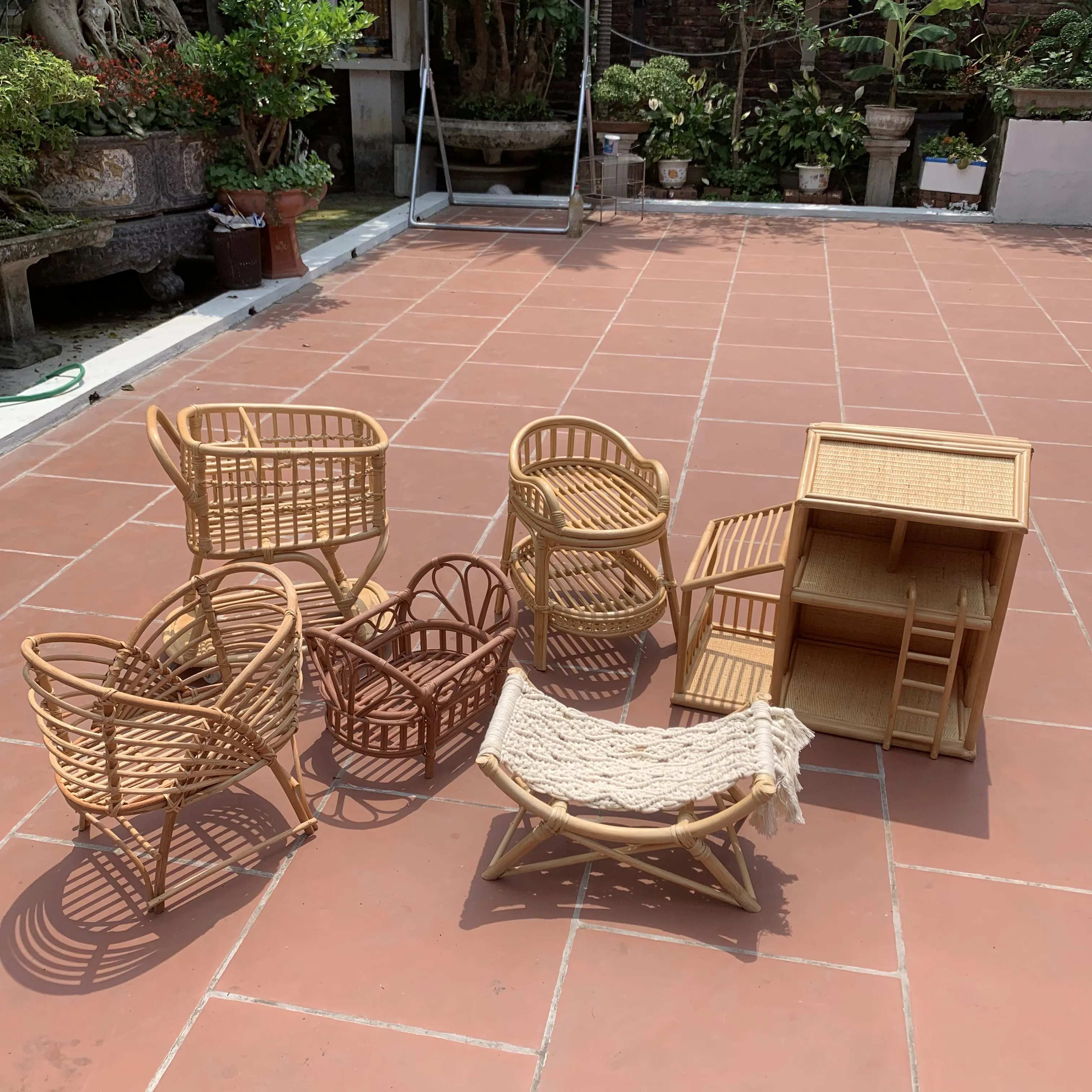 Vietnam handicrraft 100% high quality for rattan doll nursery house & accessories crib/table/stroller etc rattan material
