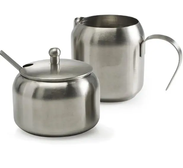 Sugar and Creamer Set, Coffee Serving Set, metal Latte Milk Cup Cream Jug and Sugar Bowl with Lid and Spoon Tray Server