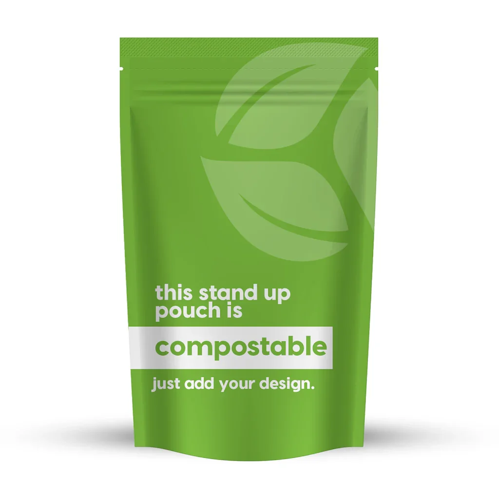 Low Moq 100% Compostable Micro Green Packaging Stand Up Pouch With Custom Gravure Printing