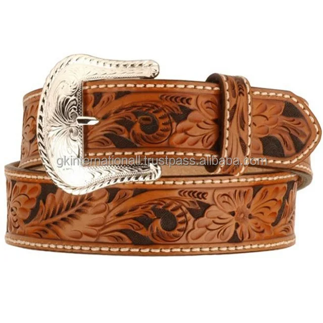 Quality leather western punk belt floral embossed decoration Genuine Belt wholesale full grain leather Belt for men