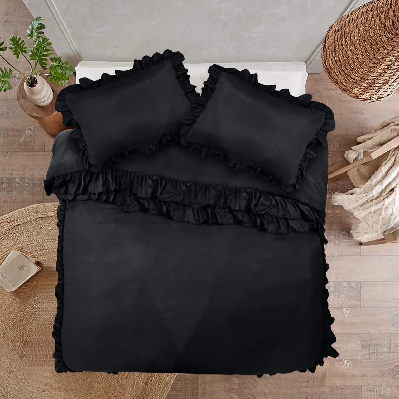 New Design Affordable wholesale Ruffled style Black Duvet set Microfiber duvet cover custom OEM ODM solid color