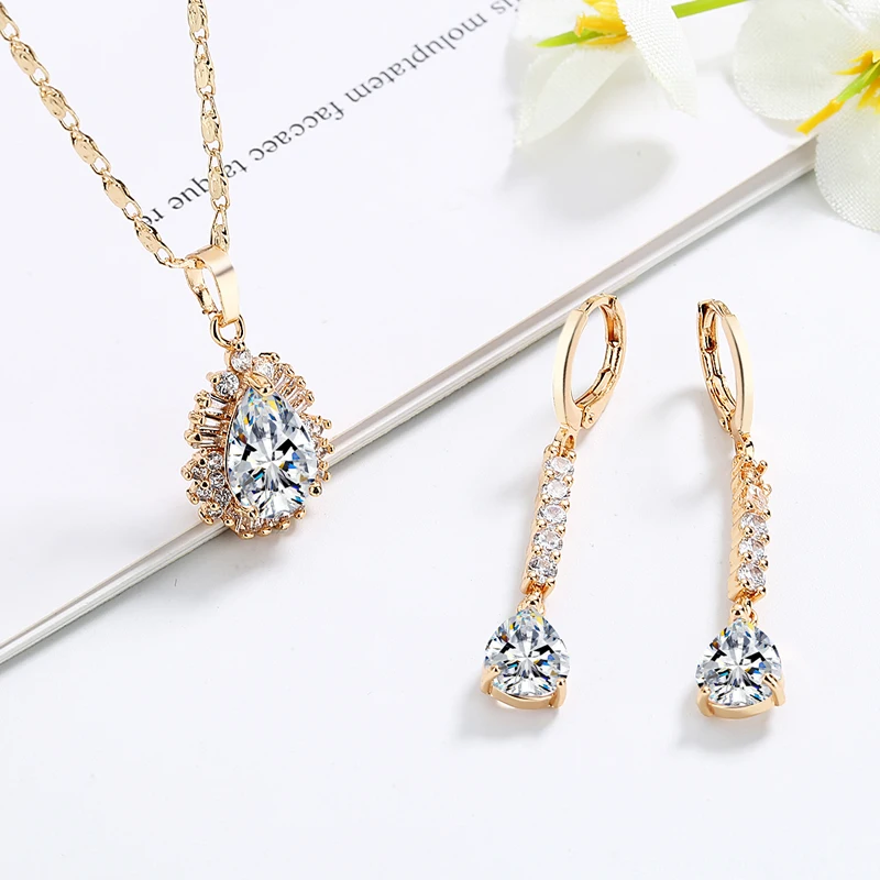 QUALITY AAA CZ STONE 18k gold plated luxury cubic zirconia long drop earrings and pendant necklace party wedding sets jewelry