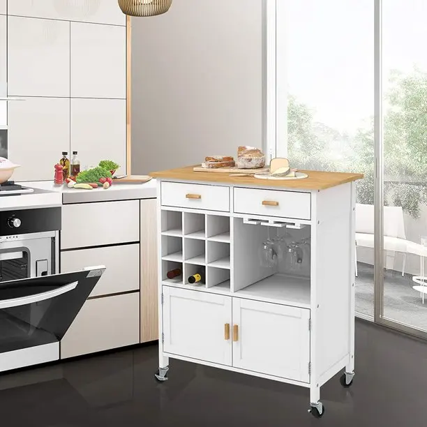 Modern Wood Top Mobile Kitchen Island, Rolling Kitchen Trolley Cart on Wheels with Wine Racks and Storage Drawer Cabinet