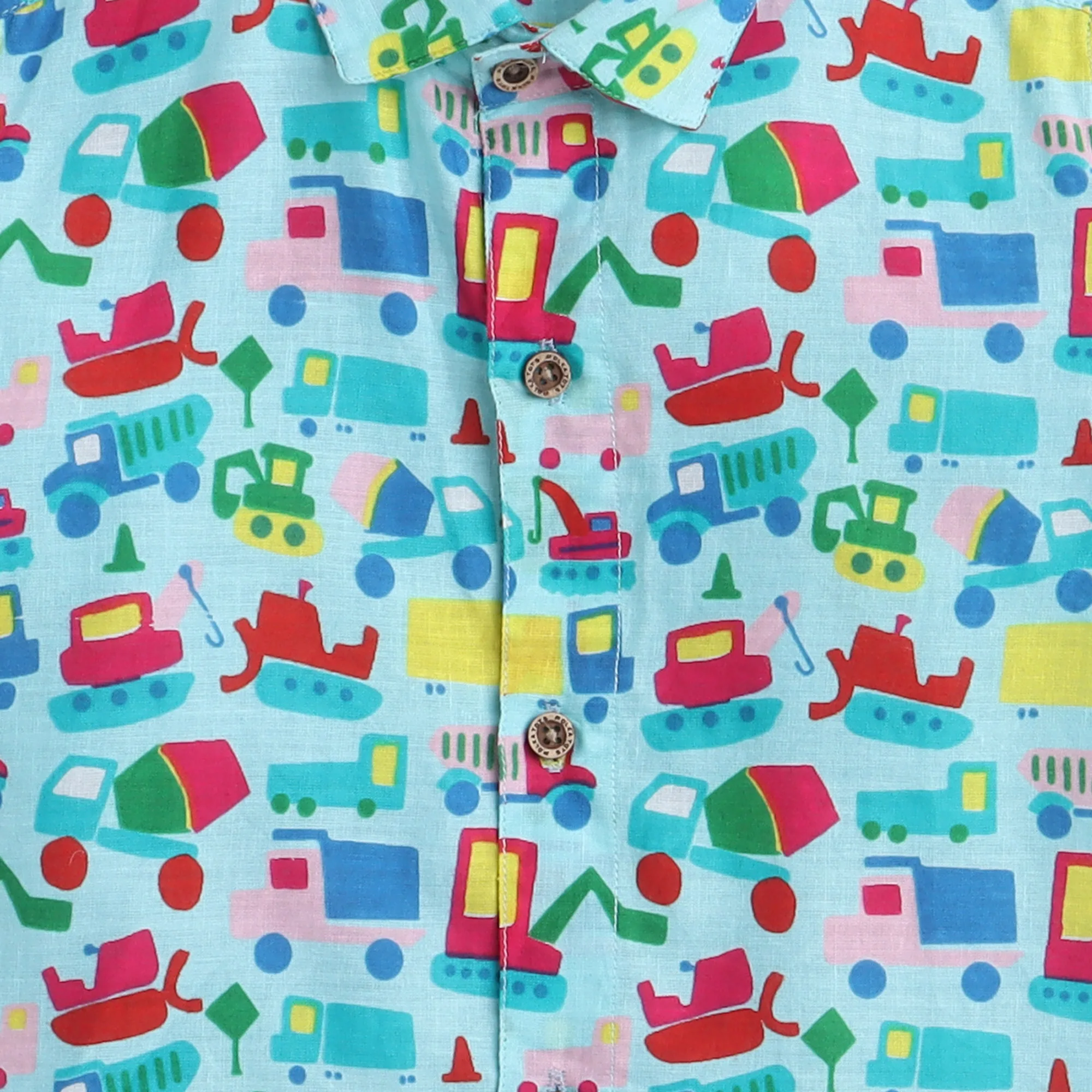 Polka Tots Half Sleeve Shirt  Cotton Car Print - Blue