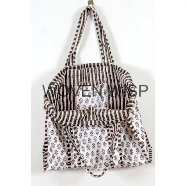 Quilted Tote Shoulder Patch Bag Cotton Handprint Floral Eco-friendly Sustainable bag Yoga Shopping Beach Artist Boho Weekend Bag