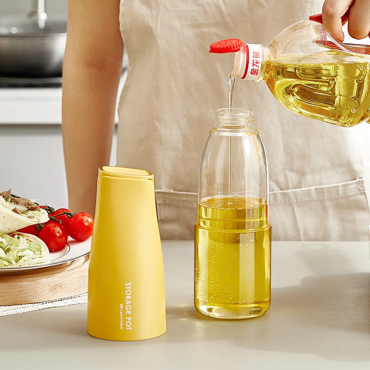 2 in 1500ml  capacity glass household leak proof automatic opening and closing oil storage pot seasoning vinegar bottle tank pot