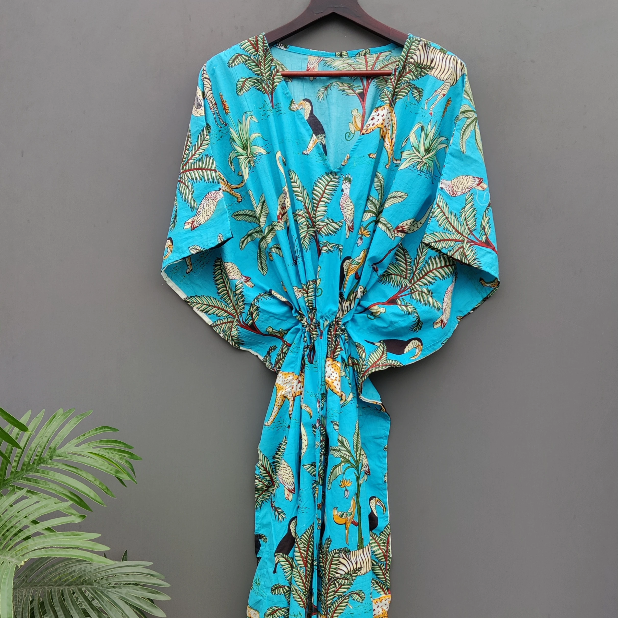 Turquoise Beautiful Cotton Jungle Printed Kaftan Women Fashion Light Weight Night Wear Hand Made Bikini Wrap Up Summer Dress (11000005490334)