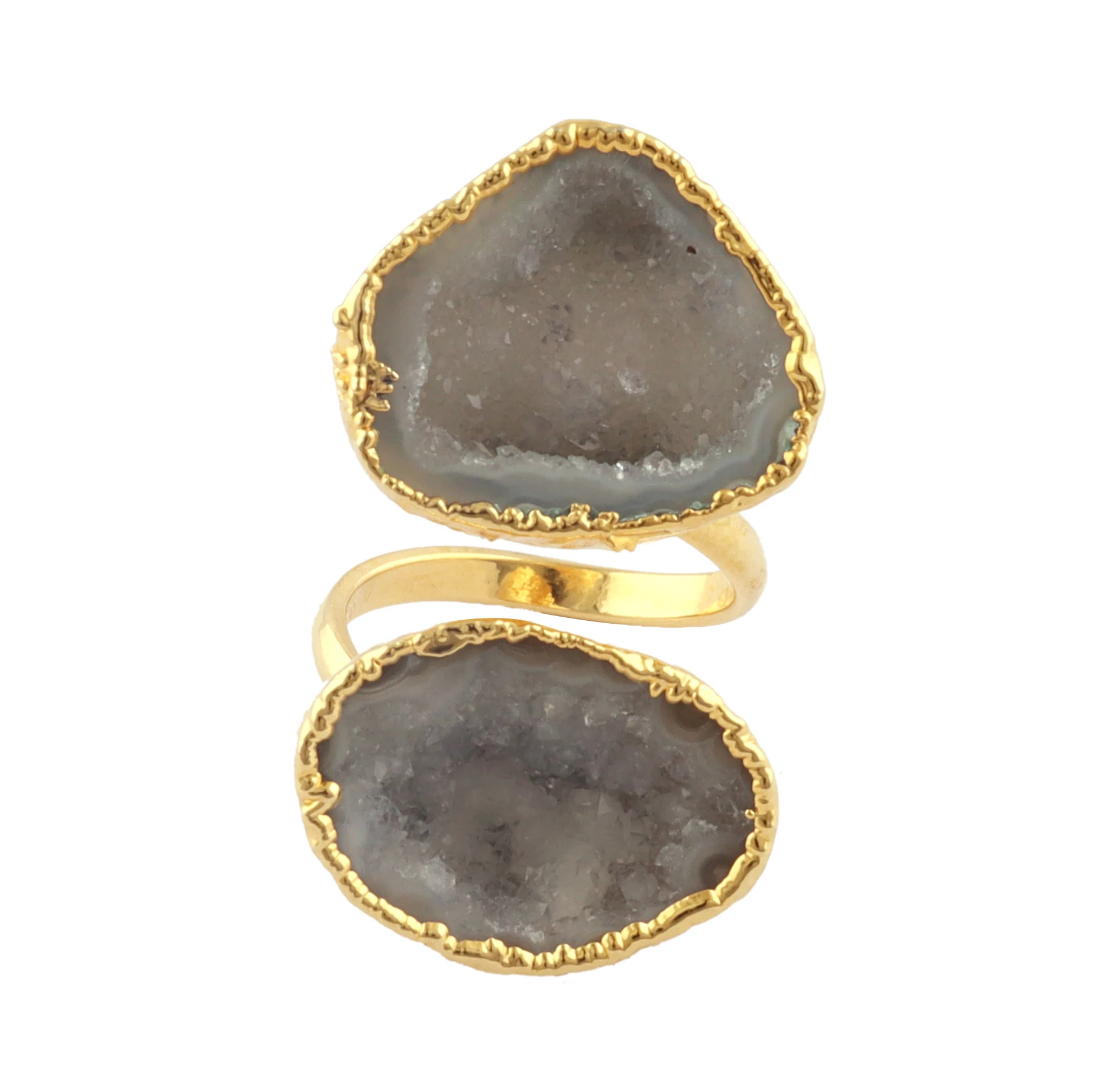 Grey Geode Druzy Two Stone Gold Plated Big Fashion Ring - Statement Jewelry for Her