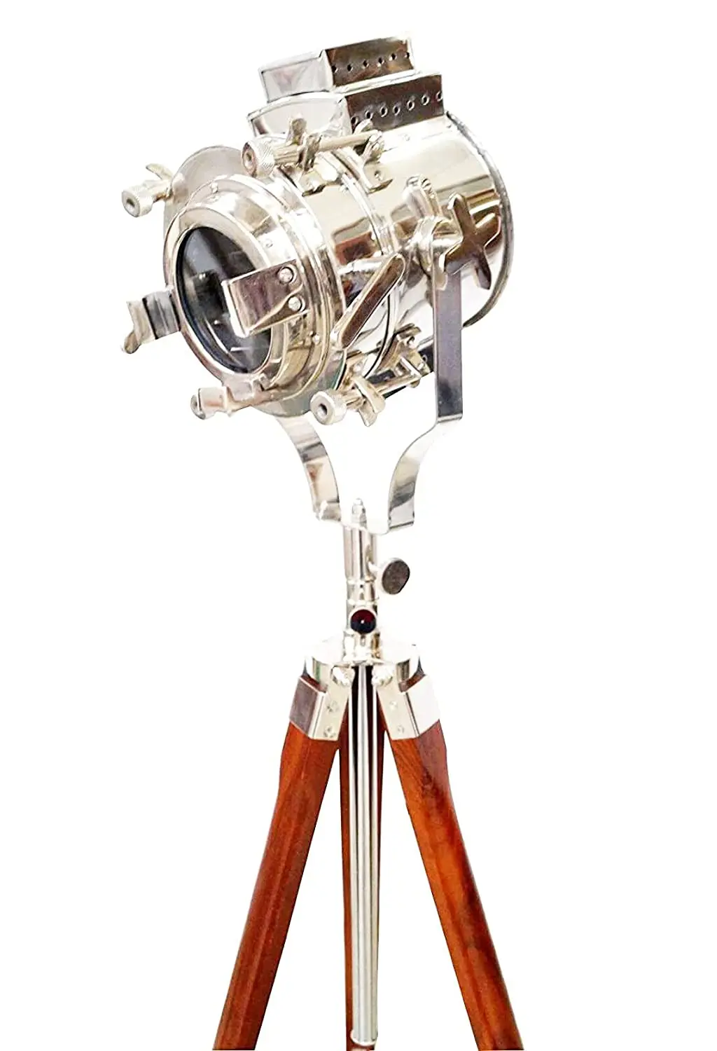 Modern Hollywood Searchlight Floor Lamp with Chrome Nickel Spotlight and Wooden Tripod Stand Large for Living Room