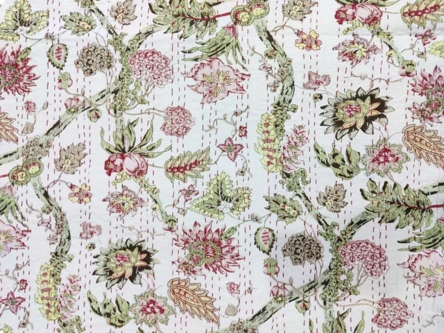 Flower Kantha Hand Block Print Cotton Kantha Quilt Indian Kantha BedCover Handmade Quilt, Kantha Bedspread Twin/Queen/king Size