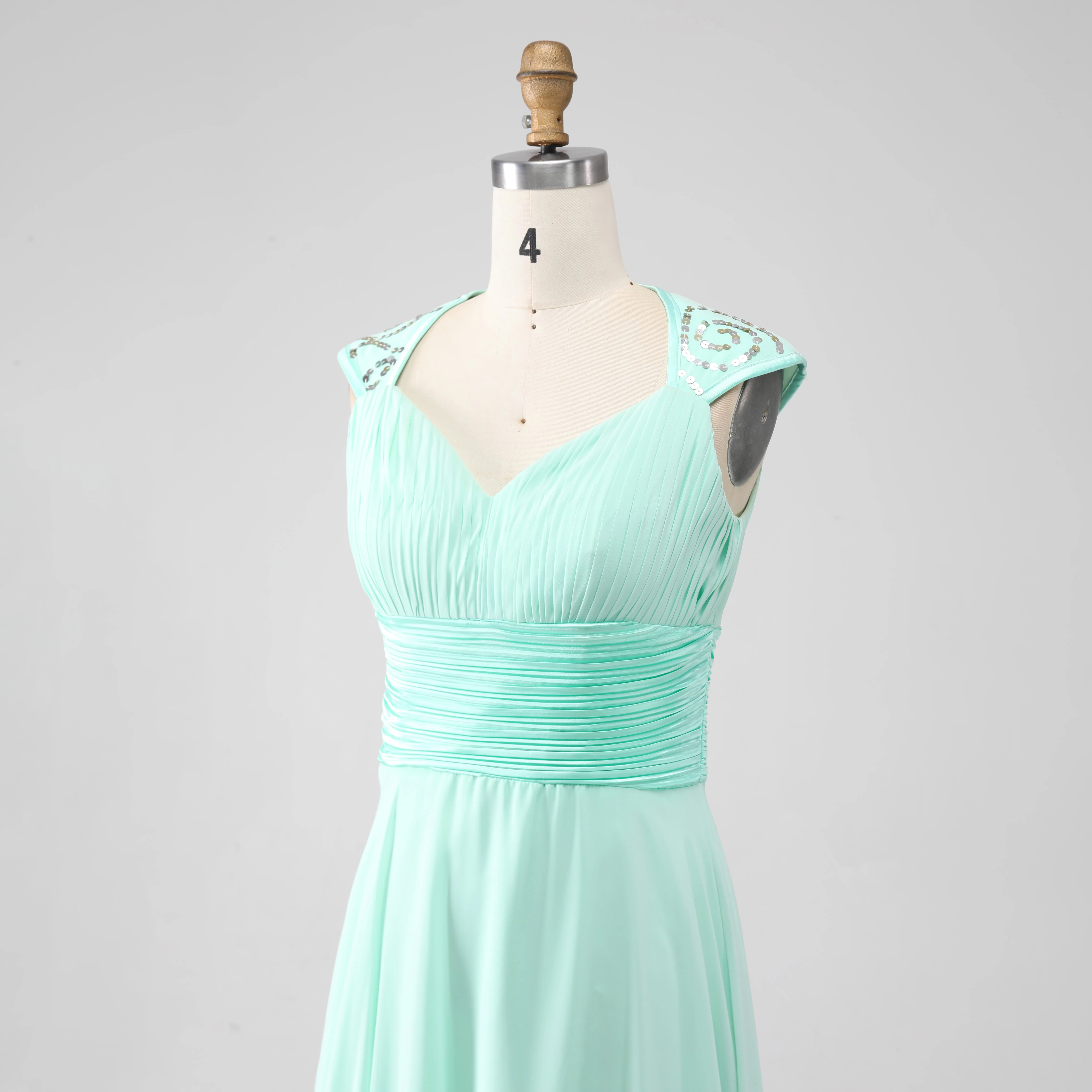 Elegant Floor Length Long Formal Women Wedding Guest Dress Mint Green Chiffon Sweetheart Bridesmaid Dresses with Cap Sleeves