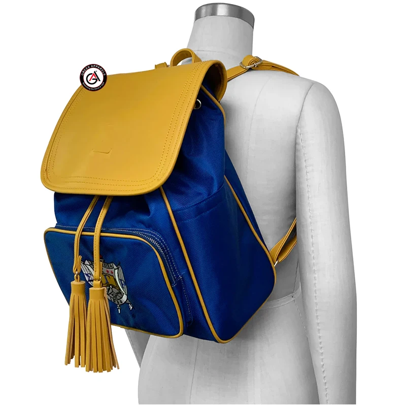 Sigma Gamma Rho Custom Made Embroidered PU Leather Travel Bag | New Design Embroidery Custom Style Blue and Yellow Bagpack