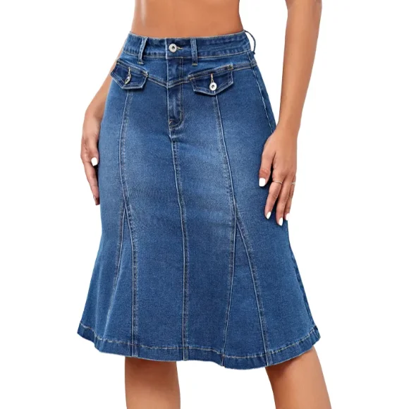 Long Blue Ladies High Rise Long Maxi Jean Skirts Women Zipper Fly Fitted Maxi Denim Jean Skirt For Women