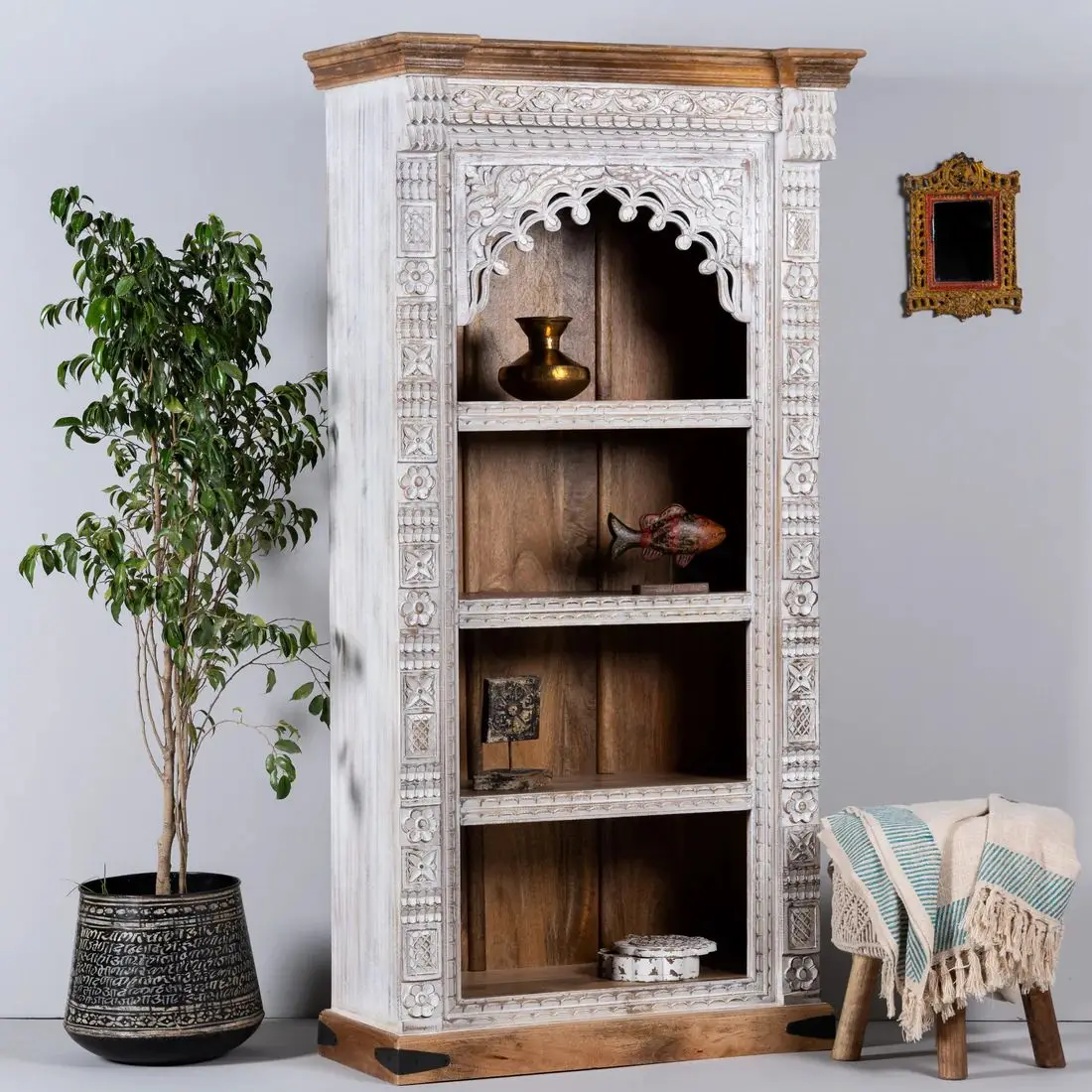 Indian Antique Style Reclaimed Wood Living Room Furniture Four Shelves Carved Bookcase