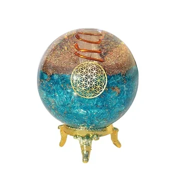 Blue Aquamarine Crystal Ball Orgonite Crystal for Positive Energy EMF Protection with Flower of Life Symbol