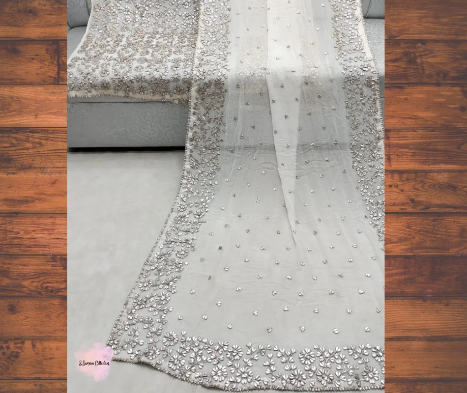 SSUMAIRA Collection Hand Made LCD Gota Work Collection Unstitched 3 Piece Suit Shirt Dupatta Stuff Pure Chiffon Dyeable Fabric