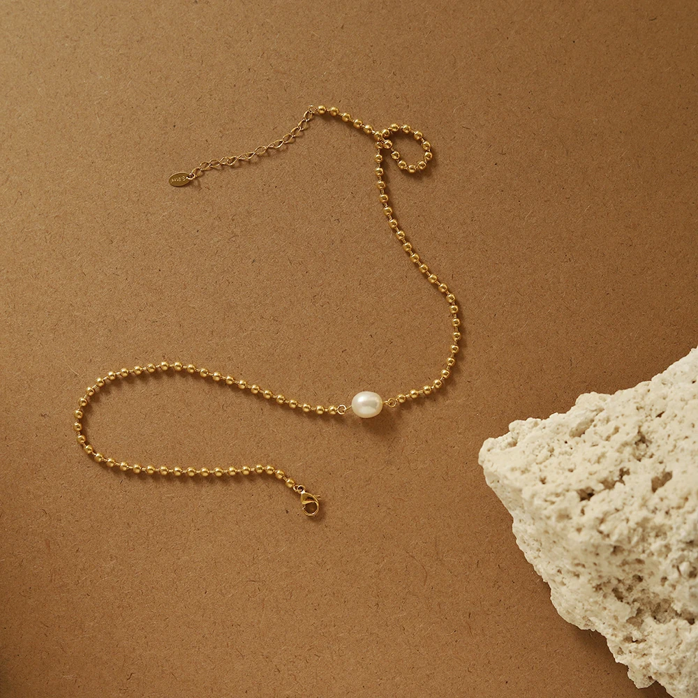 Minimalist Jewelry 18k Gold Plated Stainless Steel Balled Chain with Freshwater Pearl Pendant Necklace