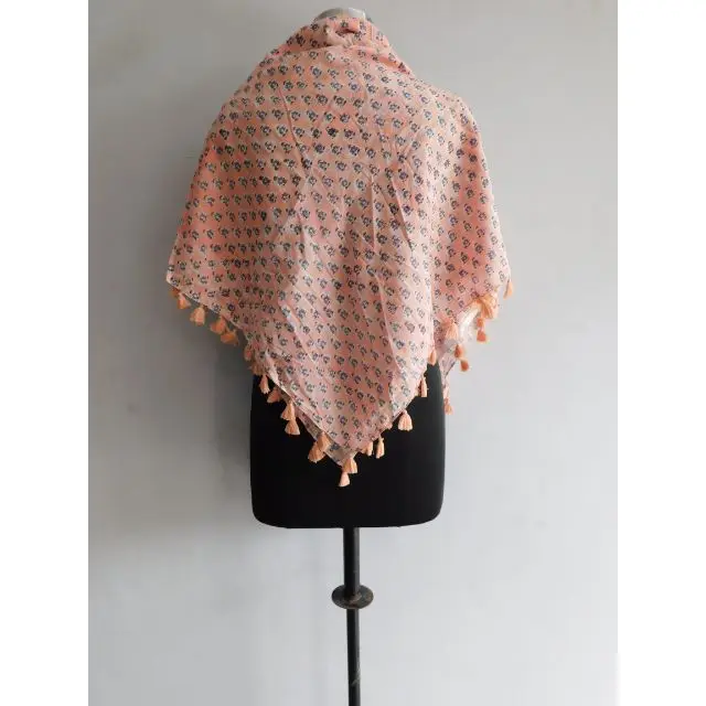 Pink Soft Cotton Women Summer Wear Scarf Indian Hand Block Floral Printed Tassel Shawl Stole Bandana Dupatta