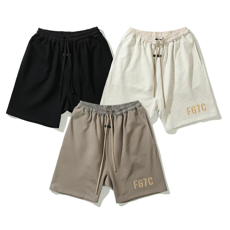 22ss High Street Bieber FOG Double Thread Flocked Letter Sweatpants Couple Hip Hop Loose Drawstring Shorts