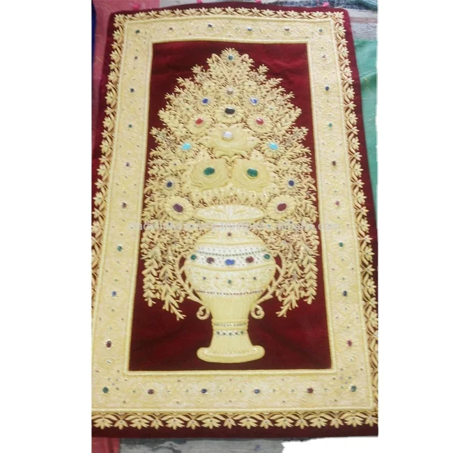 Golden thread zardozi floral tapestry with semi precious stones, zardozi jewel carpet, embroidered wall art