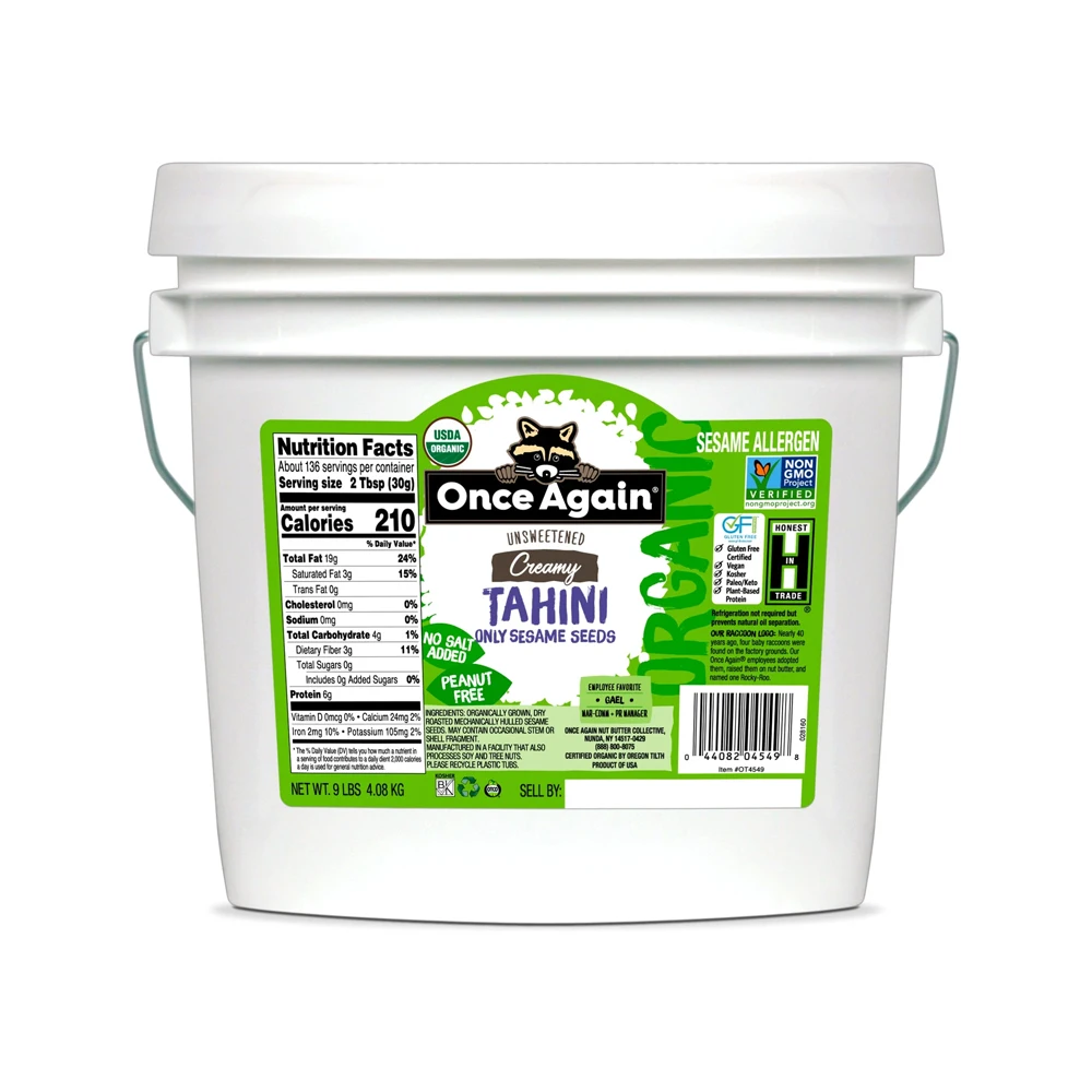 Premium Quality Organic Sesame Tahini Packed into 9lb Pail Salt Free Unsweetened Gluten Free Certified Vegan Kosher