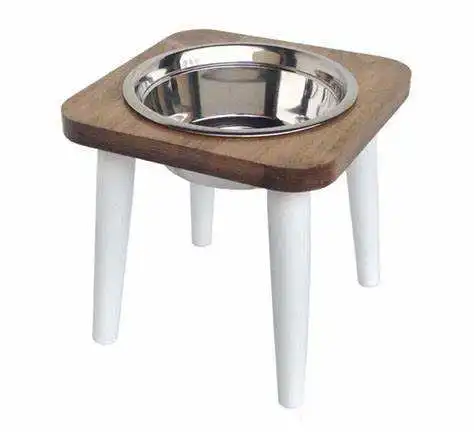 White Coated Wooden Elevated Dog Bowl For Pet Feeding With Custom Logo Name Food Safe Pet Feeder For Small Animal Eating