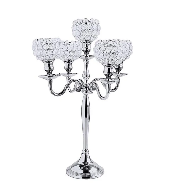 Металлические блестящие высокие канделябры с 5 кристаллами элегантный дизайн посеребренные алюминиевые для продажи