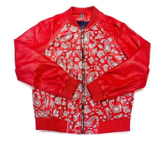 Red Cowhide Leather Paisley Print Perforated leather Sleeves Bomber Jacket