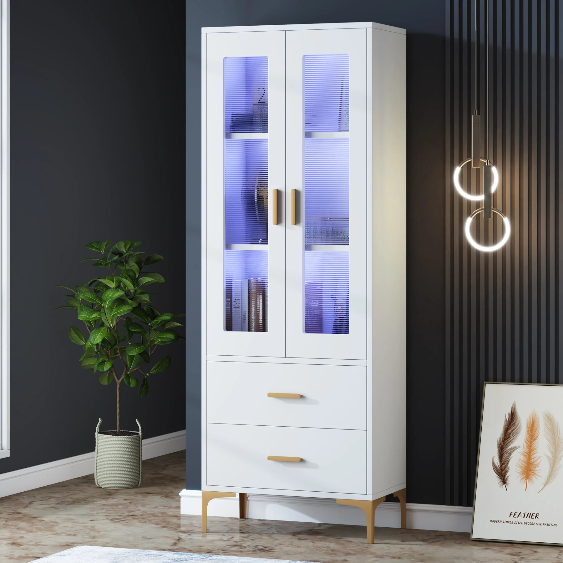 Tribesigns White Bookcase with Doors and LED Light Freestanding Bookshelf with 2 Drawers Luxury Living Room Book Cabinet