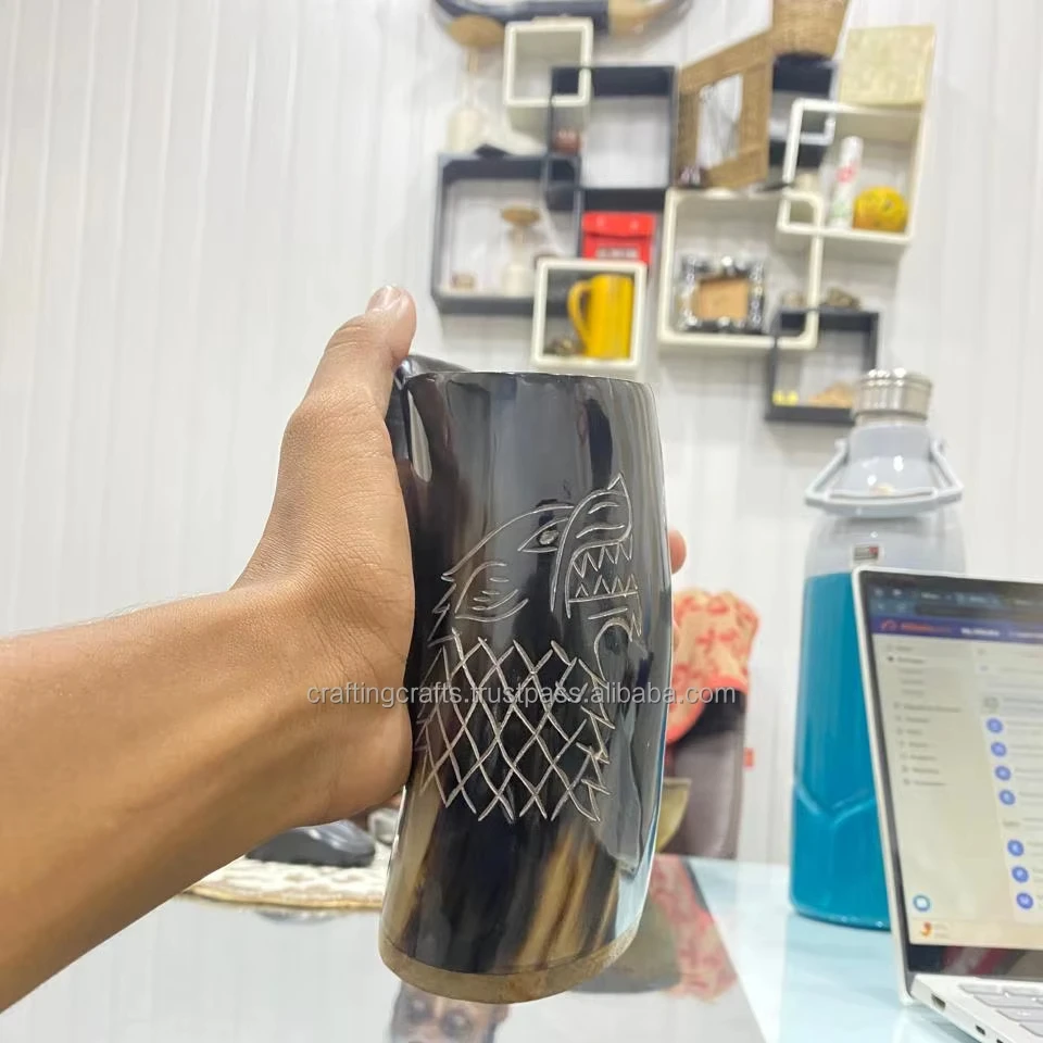 Handcrafted Authentic Carved Drinking Horn Perfect for Ale beer from India wholesale drinking horn set with plain short horns