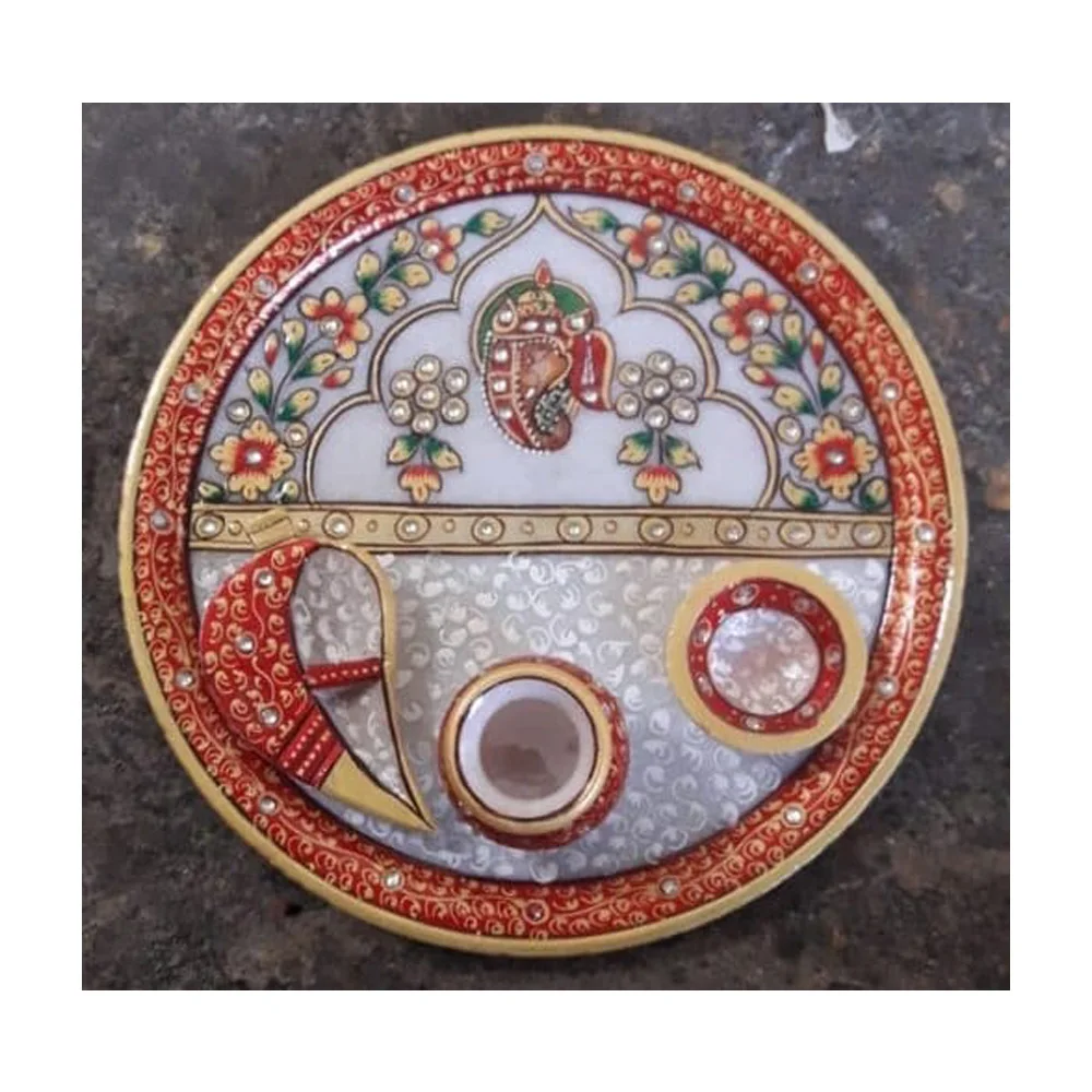 Handmade Indian Art Work With Premium Gold Painted Work Marble Pooja Thali