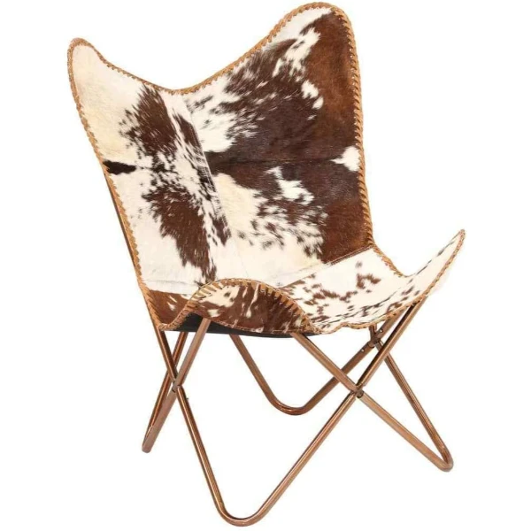 Home Decor Genuine Goat Leather Butterfly Arm Chair With Black Brown White Hair On Cover White And Brown with Ross