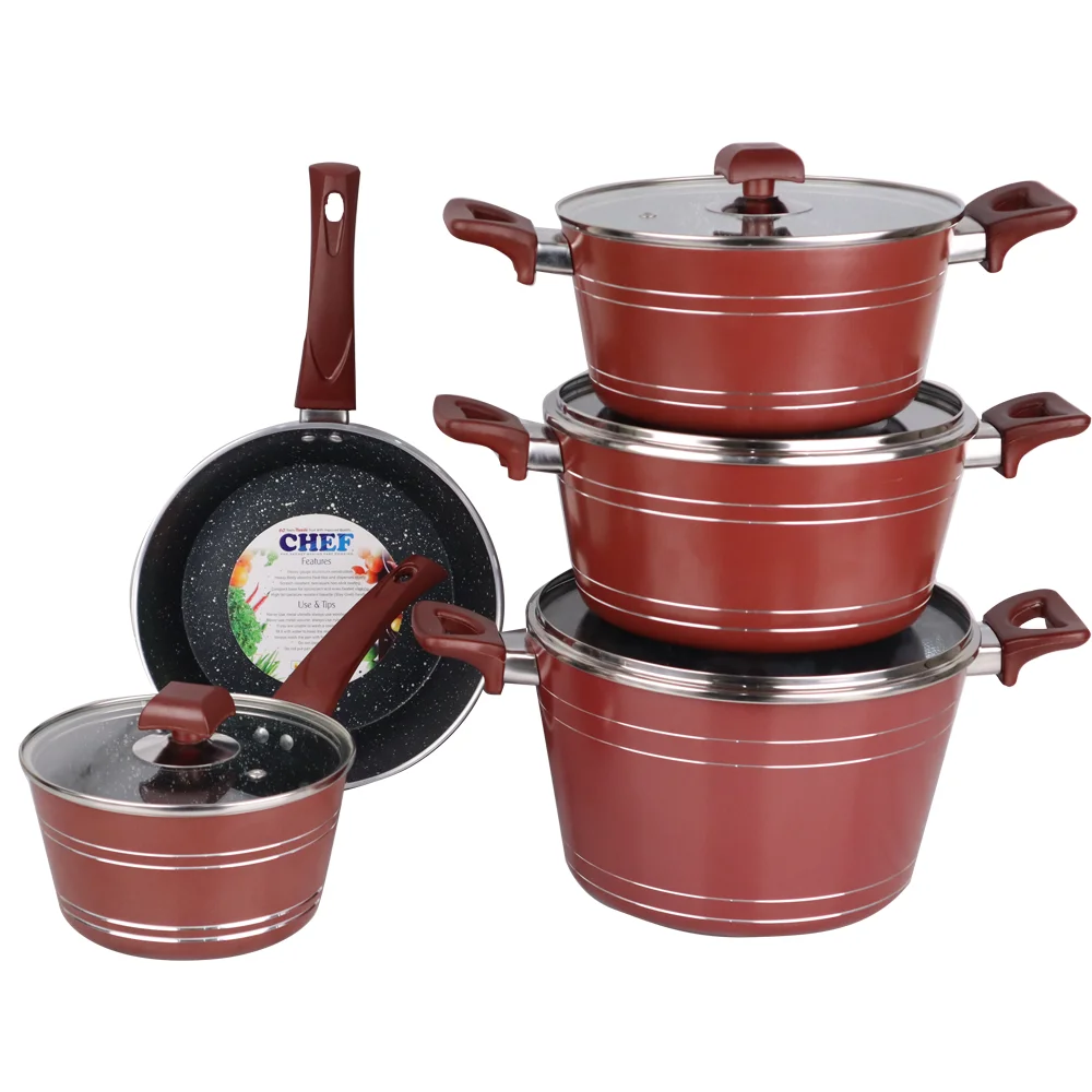 Chef Best Kitchen Ware Nordic Non-stick Cookware Set Non Stick 5pcs Set Aluminum Kitchen-Maroon 2022 Best seller