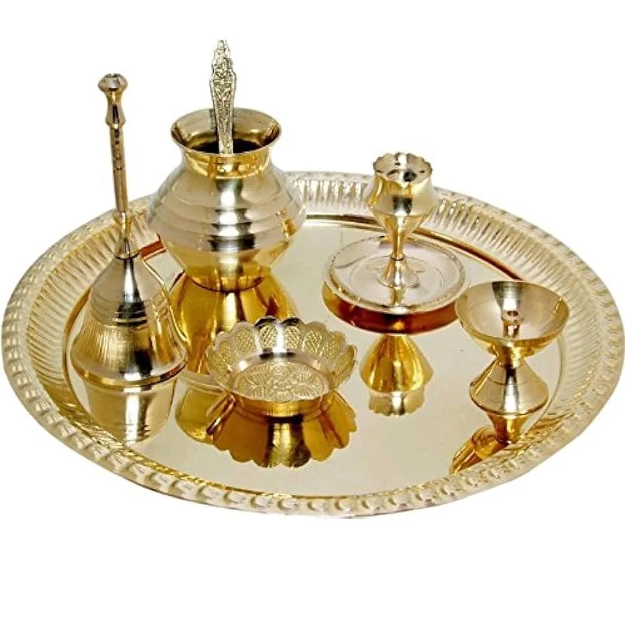 Brass puja plate gold plated puja gift set Plate aarti thali Golden Brass Pooja Article for Diwali Home Decor Temple Office 6-in