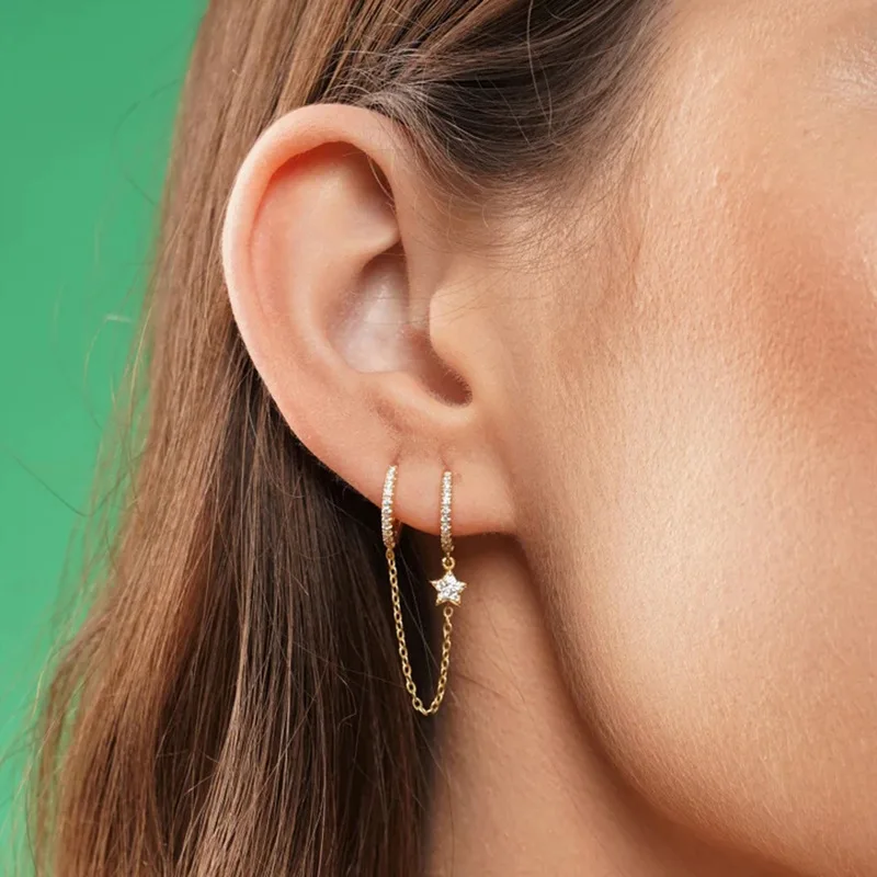 925 Silver Women Jewelry Korea Star Huggies Hoops Earrings Gold Plated Rhinestone
