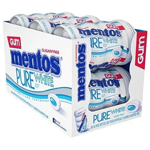 Mentos Pure White Sugar-Free Chewing Gum With Xylitol, Sweet Mint, Halloween Candy, Bulk, 50Piece Bottle (Pack Of 6)