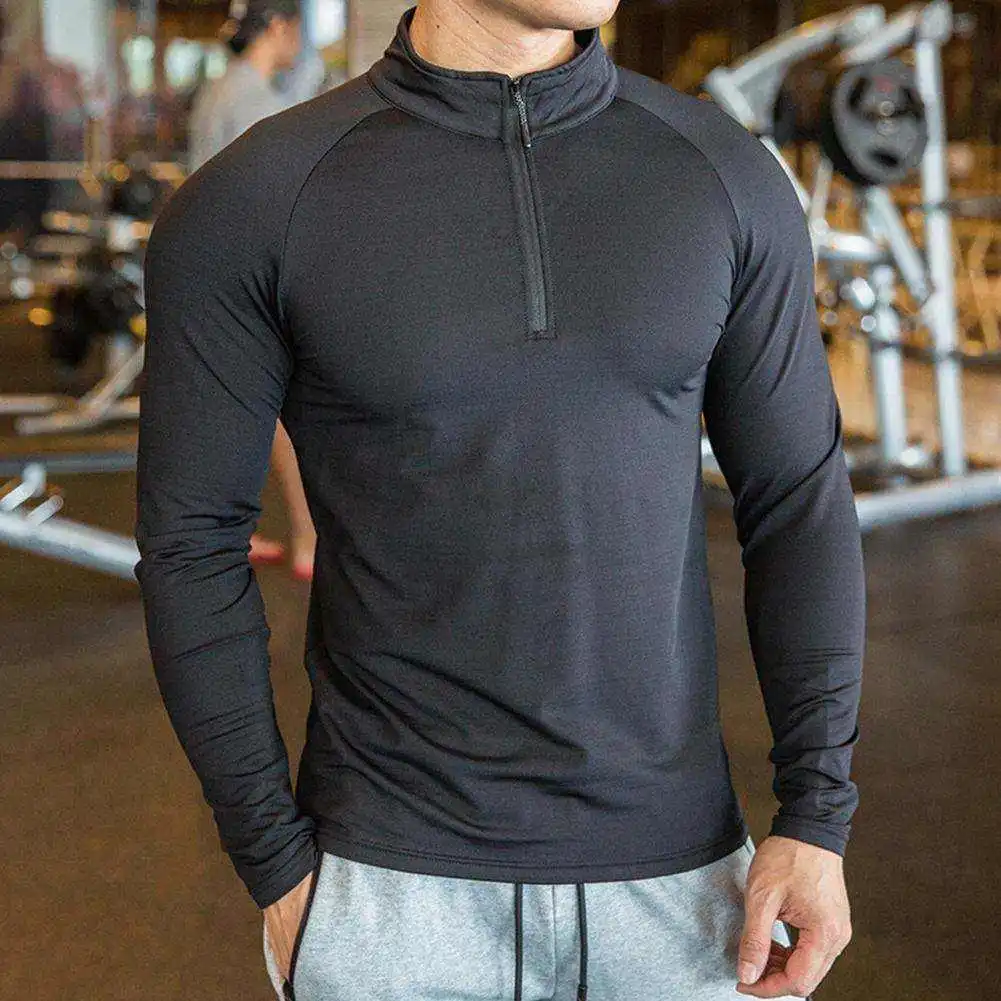 En Gros Musculation Formation Top Workout hommes demi zip compression manches longues sport sec fit gym t-shirts pour hommes